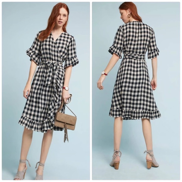 Anthropologie sabella Sinclair Gingham Flutter Wrap Ruffle Hem Dress - Picture 1 of 5